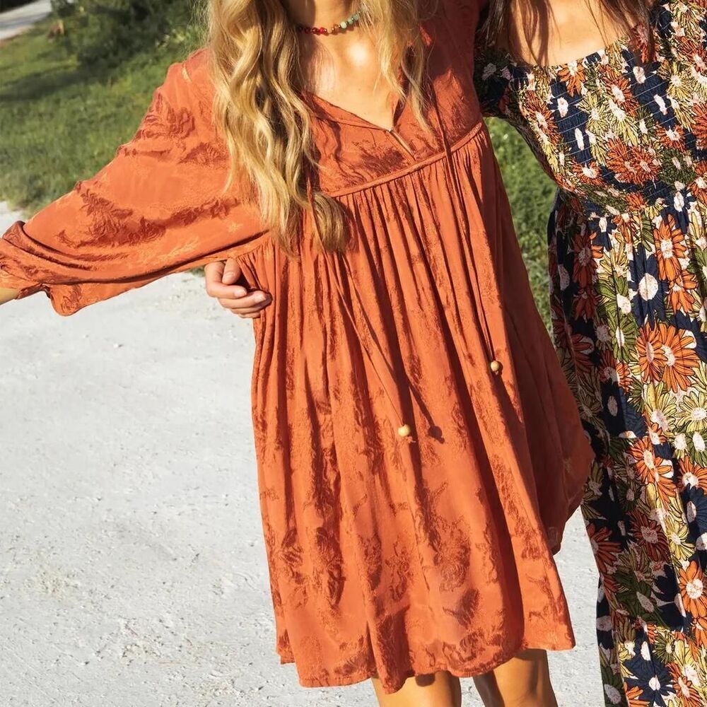 Natural Life Rose Boho Festival Mini Dress Rust Size Small